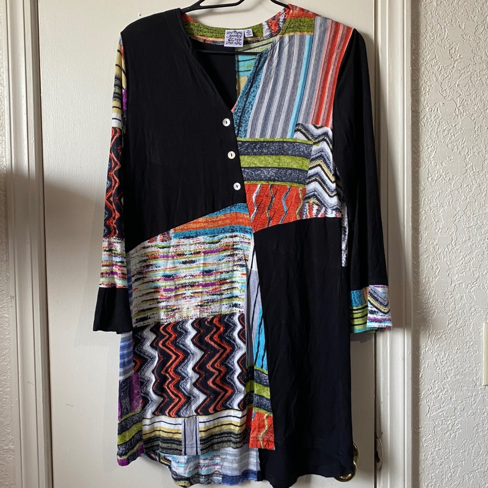 Parsley & Sage Womens Small Patchwork Tunic TopSleeve Mixed Print Black Rayon